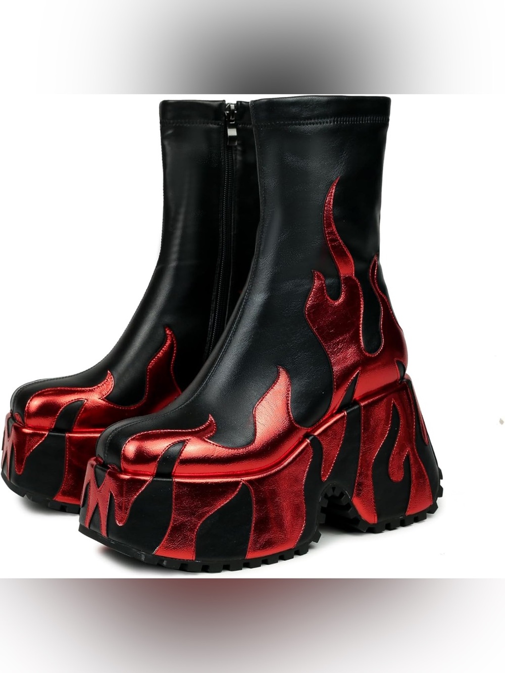 HiColor Women's Red Flames Printing Chunky Sole Boots